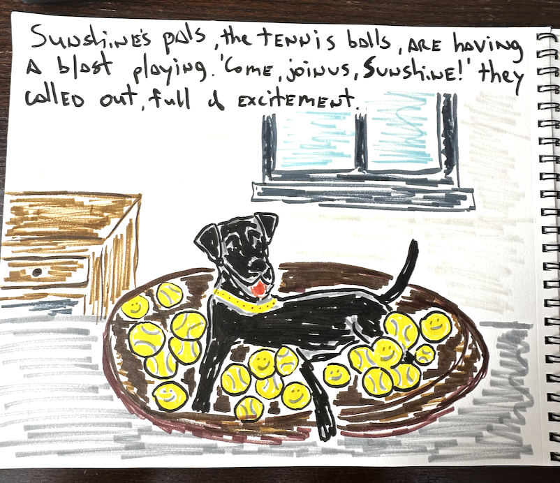 Sunshine on the bed with dozens of cartoon tennis balls smiling wanting to play with her.